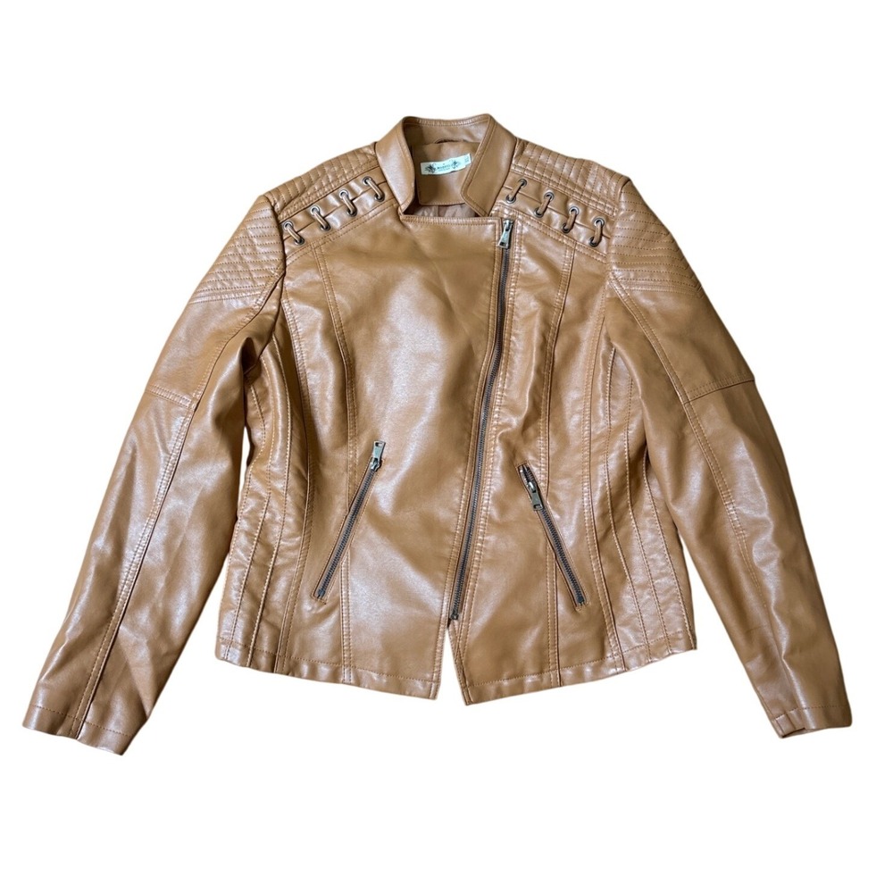 Modful Moto Jacket Women Tan Faux Leather Quilted Biker SIZE XL